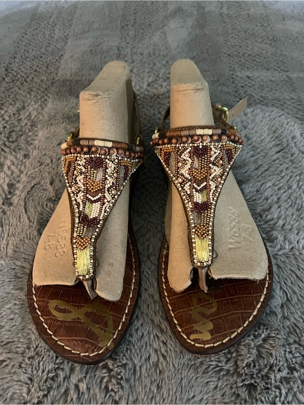 Sam Edelman Beaded T-Strap Brown Sandals with Metallic Accents - Picture 2 of 7